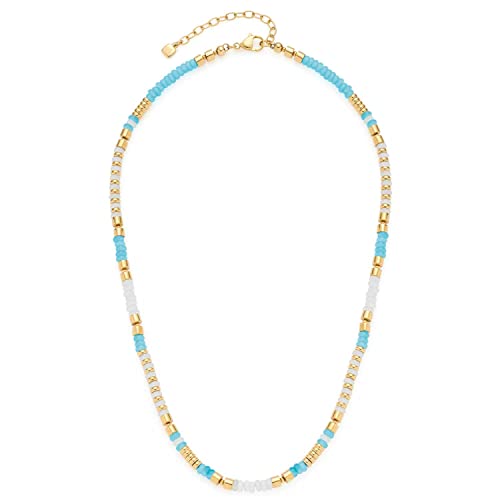 Leonardo Jewels Peppa Halskette, Kette aus Edelstahl mit Perlen, blau gold, weiße Catseye-Perlen, 42-47 cm, Anker-Kette Damen Schmuck, 022823