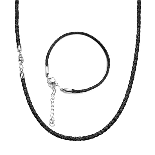 JENCVNL Kunstleder Halskette Armband, 3mm geflochten Lederkette schwarz Lederband Halskette mit Edelstahl Verschluss für Herren Damen, Länge 46/51/56/61cm(Schwarz-3mm, 46cm)