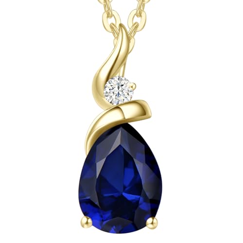 FANCIME Solide 14 Karat 585 Gelb Gold Anhänger Kette mit Tropfen Saphir und echt Diamant Geschenk Schmuck für Damen, 925 Silber Kette: 40 + 5 cm