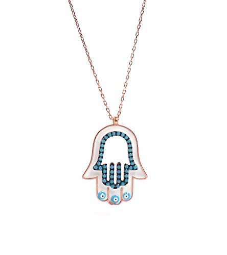 Remi Bijou - 925 Sterling Silber Halskette Kette + Anhänger - Fatimas Hand Hamsa Buddha Hand - Auge Nazar Boncuk Evil Eye Geschenk - Rosegold Türkis blau Farben