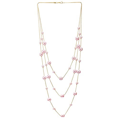 COOLSTEELANDBEYOND Rotgold Statement Halskette Drei Stränge Lange Kette mit Rosa Synthetische Perle Perlen Anhänger, Abendkleid Elegante
