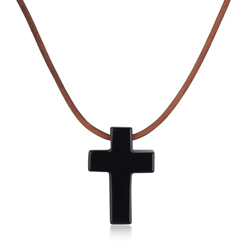COAI Italienische braune Lederkette mit Kreuz Anhänger aus Obsidian für Herren und Damen