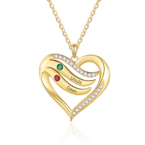 lorajewel 925 Sterling Silber Kette mit Namen Personalisierte Halskette für Damen Kette mit Anhänger Geburtssteinen Gravur Geschenke zum Muttertag Weihnachten Valentinstag (Gold-2 Name)