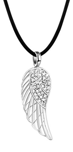 Nenalina Damen Halskette aus Kautschuk schwarz mit Engelsflügel Anhänger, Kautschukkette für Frauen mit Flügel und Zirkonia, Damen-Kette mit 925 Sterling Silber Verschluss, Länge 42cm