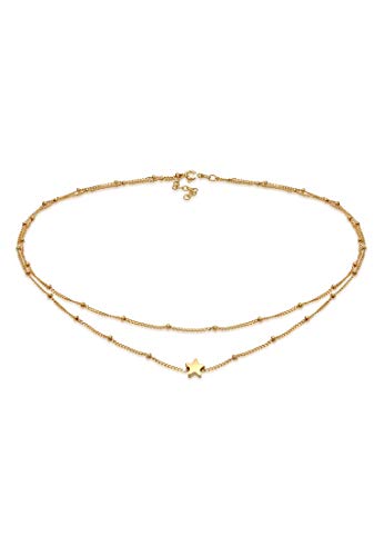 Elli Choker Kette Damen Silber 925 Vergoldet 24K Layer Kugel Stern Anhänger Schmuck Geschenke für Frauen Halskette Mädchen Mama Freundin, Silberkette Länge 36 cm