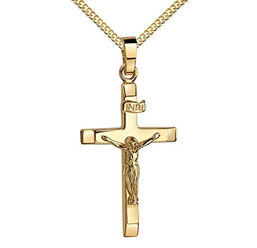 JEVELION Gold Kreuz-Anhänger Kruzifix Jesus Christus Kettenanhänger 585 Gold 14 Karat 14K. Mit Kette 50 cm