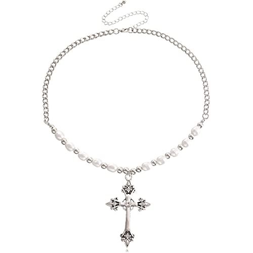 Liitata Gothic Kreuz Anhänger Halskette Punk Perle Kette Halskette Rock Hip Hop Kreuz Halskette für Mädchen Frauen - Silber