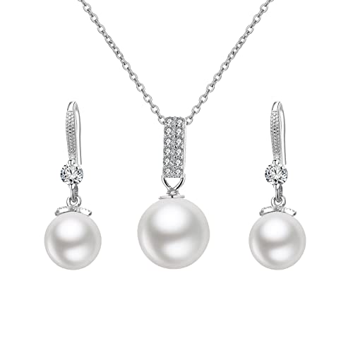 Schmuck Set 3Tlg Silber 925 Damen, Hook Ohrringe Hängend mit Perle-Anhänger Halskette Silber Kette Schmuck-Set Geschenke für Frauen Valentinstag