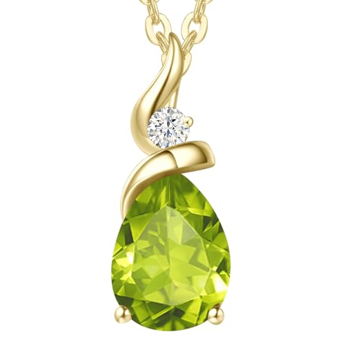 FANCIME Solide 14 Karat 585 Gelb Gold Anhänger Kette mit Tropfen Peridot und echt Diamant Geschenk Schmuck für Damen, 925 Silber Kette: 40 + 5 cm
