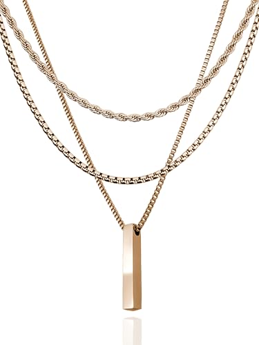 RUGGED steel Damen Edelstahl Statement Ketten Set 3 Halsketten + Stab Anhänger Layering Look (inkl. Schmuck-Box) (Rose-Gold)