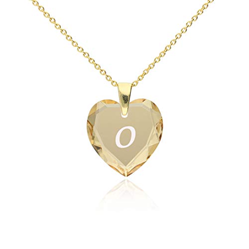 Damen Ketten mit Gravur 925 Silber vergoldet, SWAROVSKI ELEMENTS Herz Anhänger Farbe Golden Shadow Buchstabengravur   O  , Herzkette als Geschenk für die Frau, Freundin oder zum Valentinstag