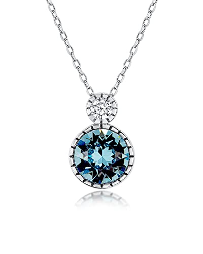 DANIEL CLIFFORD 'Elea' Damen Halskette Silber 925 Anhänger blauer Kristall, 45cm dünne Silberkette Solitaire Anhänger rund Kette kleiner Stein blau