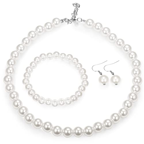 JeweBella 12mm Imitation Perlenkette Damen Kurze Runde Perlen Ketten Vintage Elegant Perle Choker Halskette Armband Ohrringe Schmuck für Frauen Mädchen 1920s Kostüm Zubehör