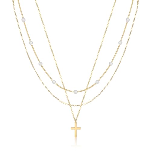 Kryzalite® Mehrschichtige Halsketten für Frauen, zierliche goldene Halskette, plattierte Fischgräten-Halskette für Frauen, Perlen-Kreuz-Halskette, Büroklammer-Kette