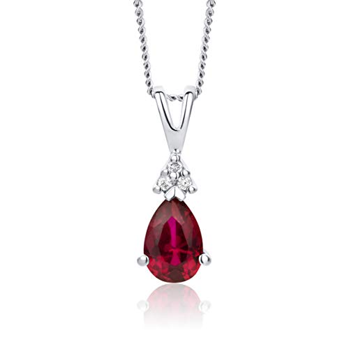 OROVI Schmuck Damen Tropfen Kette Gold mit Ketttenanhänger Edelstein/Geburtsstein Rubin in Rot verziert mit 3 natürlichen Diamanten Brillanten klassische Halskette Weißgold 9 Karat / 375 Gold