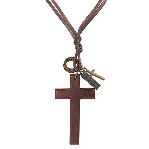 JewelryWe Schmuck Herren Leder Kette Vintage Holzkreuz Schrift Tag Ringe Kreuz Anhänger verstellbare Lange Halskette Lederkette Braun
