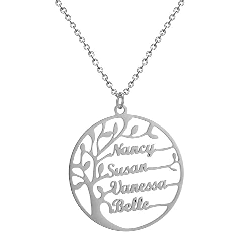 HSWYFCJY Namenskette Baum des Lebens，Personalisiert lebensbaum Kette mit Namen，Silber Gold Roségold Namen Kette Halskette Schmuck für Damen，Familien