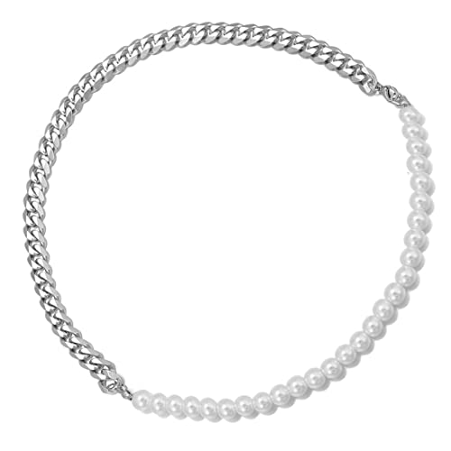 LEEQ Herren Perlenkette Halbperle Halbkette Edelstahl Silber Kubanische Kette 22 