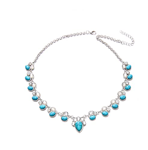 fdsmall Halsketten für Frauen Boho Vintage Statement Silber Türkis Opal Teardrop Perlen Anhänger Choker Kette Halsketten Schmuck Geschenke für Dame und Mädchen