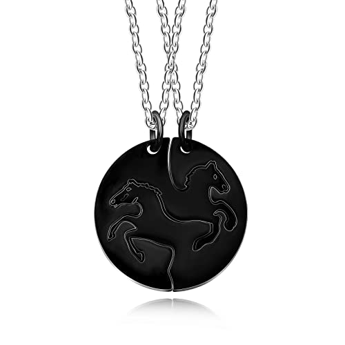 Edelstahl Yin Yang Pferde-Halsketten Puzzle passender runder Anhänger für Paare (schwarz-schwarz), Kristall, zirkonia