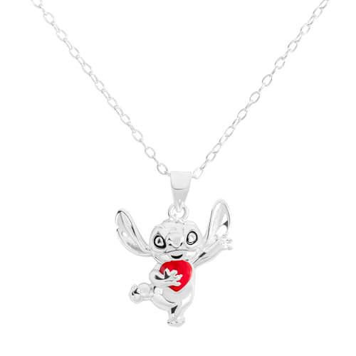 Disney 925 Sterling Silber Stitch Love Heart Anhänger Halskette für Mädchen, Sterling Silber