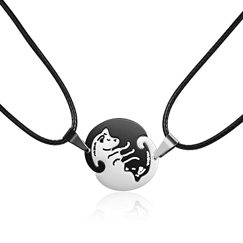 PiercingJak Yin Yang Halskette für 2 Paare Tai Chi Hunde Partner Puzzle Edelstahl Anhänger mit Schwarz Lederkette Pärchen Ketten Liebe Freundschaft Geschenk
