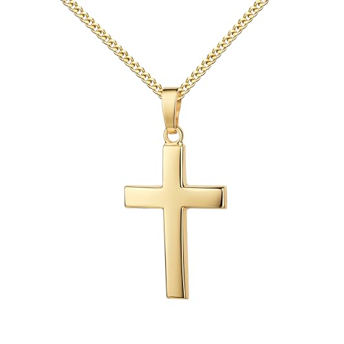JEVELION Kreuzkette Kreuz Anhänger Gold 585 in Hochglanz formschönes gewölbtes Goldkreuz Mit Kette 925 Silber vergoldet - Kettenlänge 45 cm.