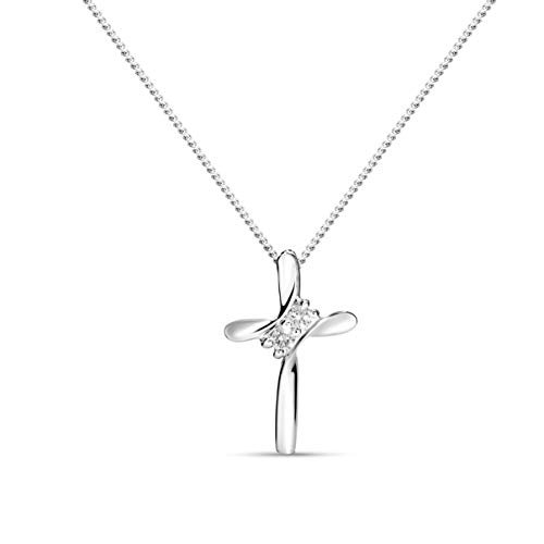 MIORE Schmuck Damen 0.05 Ct Diamant Halskette Kettenanhänger Kreuz mit Brillanten Kette aus Weißgold 9 Karat/ 375 Gold