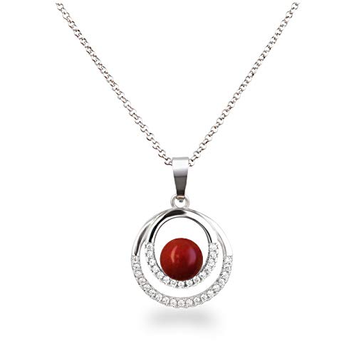 Schöner-SD Silberkette Halskette mit Anhänger Perle 925 Silber in Koralle-rot