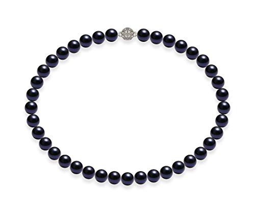 Schmuckwilli Perlenkette für Damen - 42cm Länge mit 10mm großen blauen runden Mallorca Perlen - Elegante Muschelkernperlen Kette für jeden Anlass