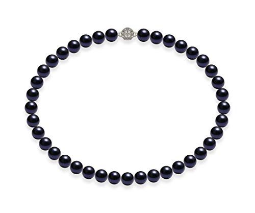 Schmuckwilli Perlenkette für Damen Magnetverschluß - 42cm Länge mit 10mm großen dunkel blauen runden Mallorca Perlen - Muschelkernperlen Kette für jeden Anlass - die Halskette Pearl Necklace für Frau