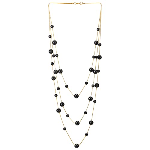 COOLSTEELANDBEYOND Gold Weiß Statement Halskette Drei Stränge Lange Kette mit Schwarz Perle Perlen Anhänger, Abendkleid Elegante
