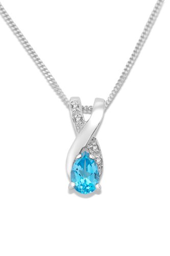 Miore Kette - Halskette Damen Weißgold 9 Karat / 375 Gold Kette Blauer Topas mit Diamant Brillianten 45 cm