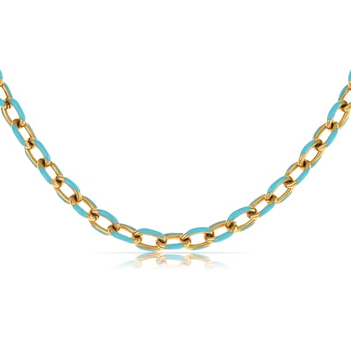 Made by Nami Elegante Edelstahl Halskette Damen in Gold und Türkis als Statement Schmuck 40 cm lang mt 5 cm Verstellkette(Türkis)