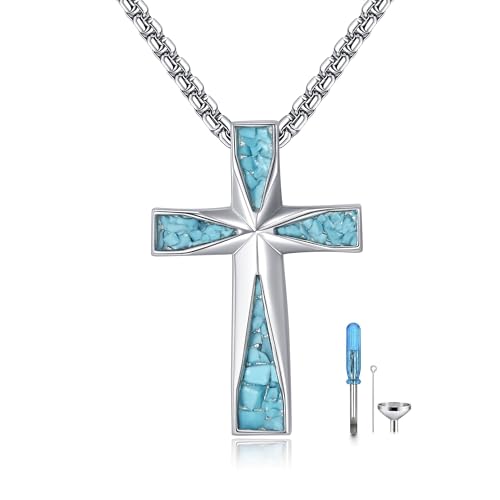 URONE Kreuz Urne Kette für Asche 925 Sterling Silber Kreuz Türkis Anhänger für Asche Einäscherung Schmuck Gedenkgeschenke für Mama Papa Verlust