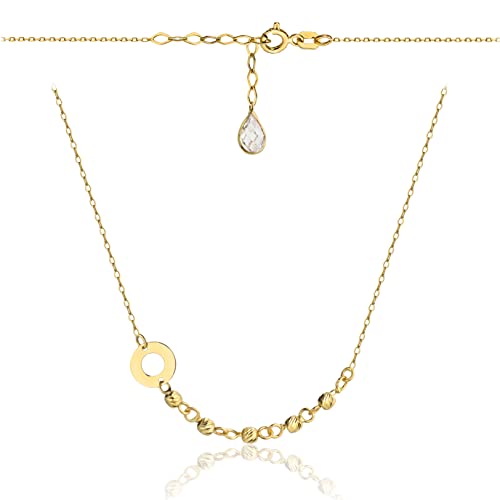 Goldene Damen Halskette 585 14k Gold Gelbgold Kette mit Anhänger Kreis Kugel Zirkonia Gravur