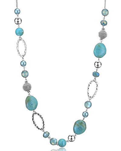 Bulinlin Silber Perplen Lang Kette für Damen Boho Statement Chain Halskette Modeschmuck Geburtstagsgeschenke für Frauen（Turquoise）