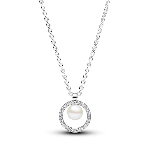 PANDORA Timeless Behandelte Süßwasserzuchtperle & Pavé Collier-Halskette aus Sterling Silber mit Zirkonia Steinen, Größe 45cm, 393165C01-45