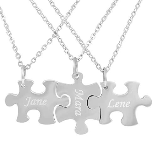 Hanessa 3 Stück Personalisierte Kette mit Gravur Edelstahl 60 cm mit Anhänger Puzzle Teil 3 Teile in silber - Personalisierte BFF Geschenke Freundin Freund Freundschaft - Halskette personalisiert