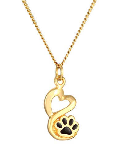 Damen Halskette mit Anhänger Pfote in Emaille (15 mm), Silberkette aus 925 Sterling Silber vergoldet, Goldene Kette mit Hund Katze Tatze für Frauen und Mädchen, Länge 45cm
