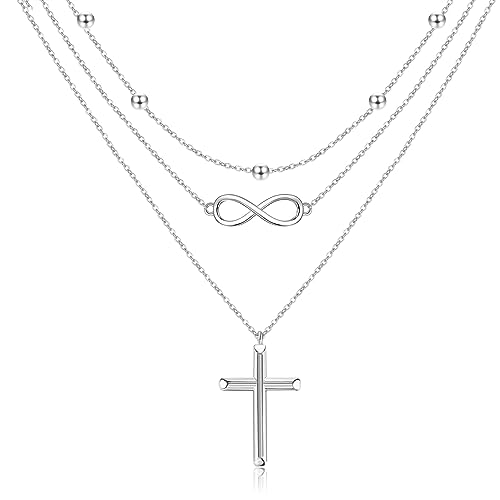 HUKKUN Kreuz Unendlichkeitszeichen Layering Kette Damen 925 Sterling Silber Kreuz Mehrreihige Ketten Halskette Schmuck Geschenke für Damen