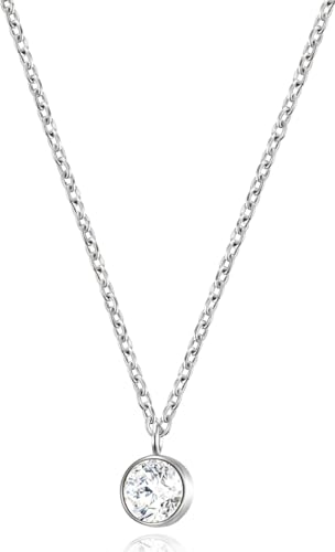 day.berlin Damen Halskette Stone in Silber mit kleinem Zirkonia Kristall Anhänger (6mm), feine Edelstahl Kette 45+5cm variable Länge, nickelfrei und wasserfest
