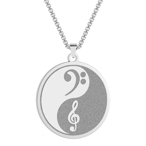 Edelstahl Yin Yang Diskantschlüssel und Bassschlüssel Halskette für Frauen Männer Anhänger Kette Schmuck Geschenk für Musiker