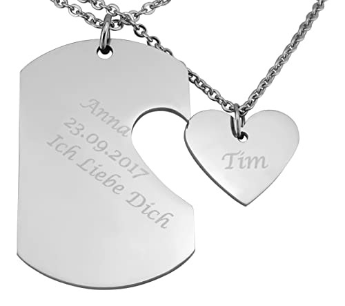 Hanessa 2 Stück Personalisierte Kette mit Gravur Edelstahl 50 cm mit Anhänger Herz Dog Tag in silber - Personalisierte Geschenke für Damen Herren Freundin Freund - Partner Halskette für Sie und Ihn