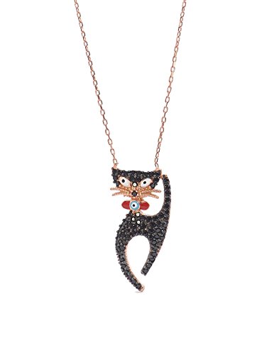 Remi Bijou 925 Sterling Silber Halskette Kette + Anhänger - Rosegold Schwarz Farbe Strass - Katze