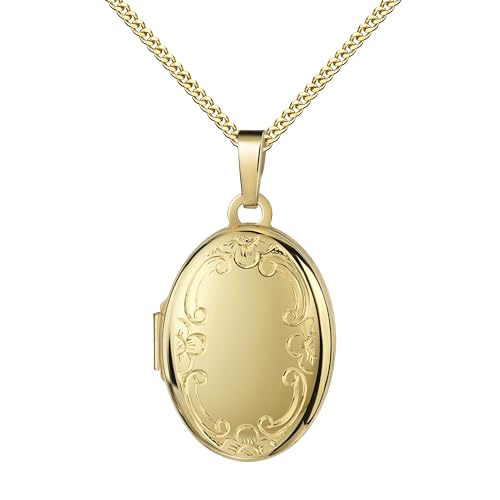JEVELION Foto Medaillon für 2 Bilder 585 Gold 14 Karat Bilder Amulett oval zum Öffnen für Damen mit Kette und Schmuck-Etui