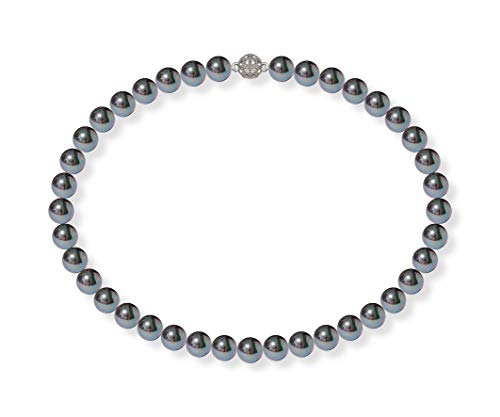 Schmuckwilli Perlenkette für Damen - 45cm Länge mit 10mm großen schwarzen runden Mallorca Perlen - Elegante Muschelkernperlen Kette für jeden Anlass