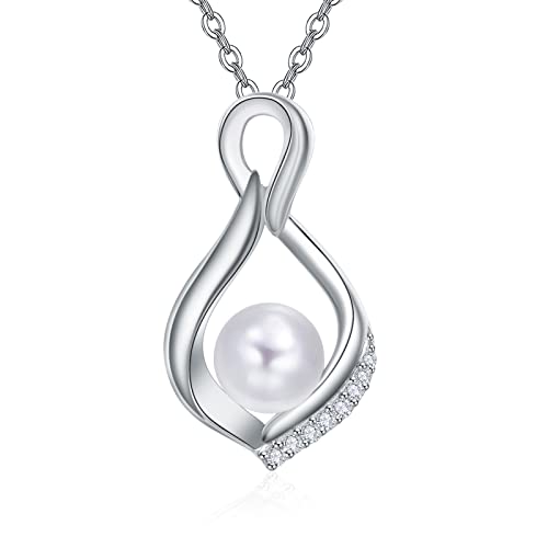 KINGWHYTE Perlen Halskette Damen 925 Silber Unendlichkeitszeichen Anhänger Kette Perlenkette Halskette Weiß Mit Zirkonia Perlen Schmuck für Frauen