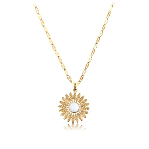 Made by Nami Sonnenblumen Halskette Damen Gold aus Chirurgischem Edelstahl 40 + 5 cm Gänseblümchen Kette mit Edelstein Anhänger Wasserfester Schmuck Gold Boho Schmuck Damen (Weiß)