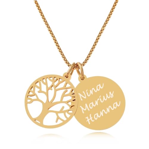 TIMANDO Damen Lebensbaum Kette Namenskette Baum des Lebens Anhänger Personalisierte Halskette mit Gravur Familienkette goldfarben